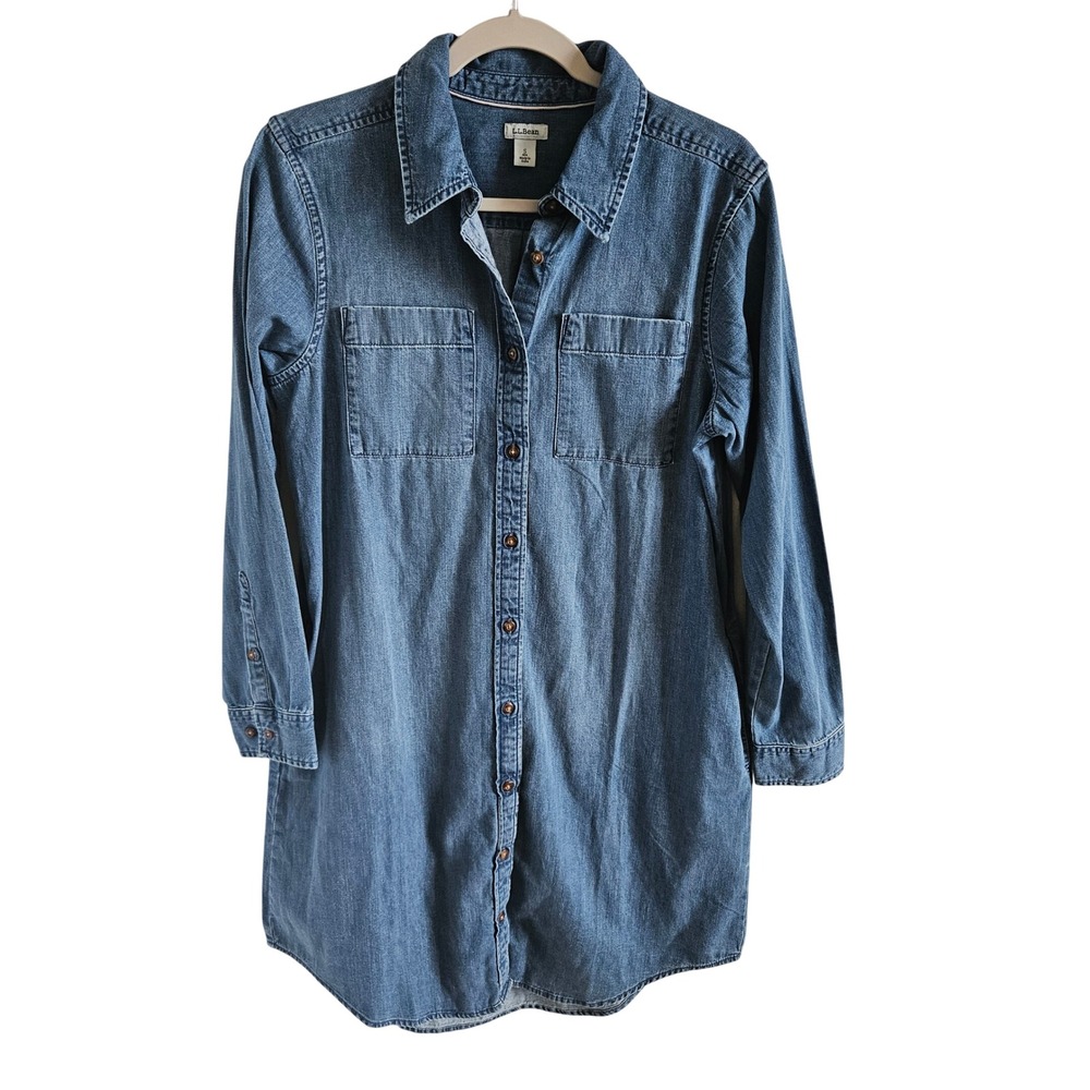 LL Bean Womens Denim Shirt Dress Blue Cotton Long Sleeve Button Front SZ S
